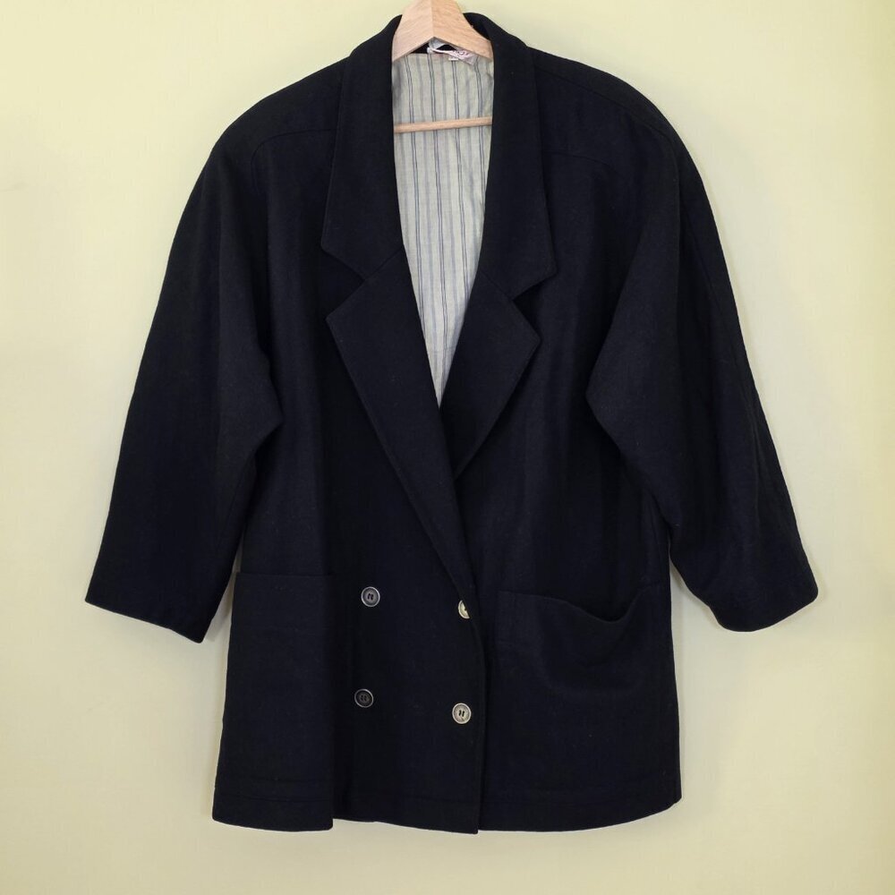 Byblos Vtg Blazer Jacket Womens US 8 Black Wool LS Lined Pockets Retro Chic FLAW